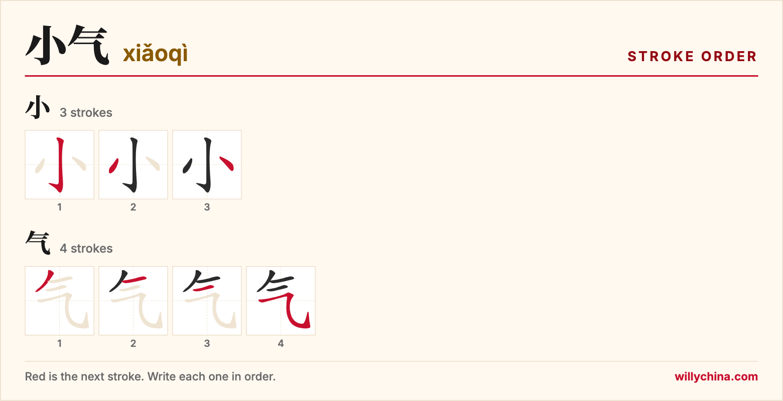 小气 (xiǎoqì) stroke order chart: each stroke of the characters in the order you write them