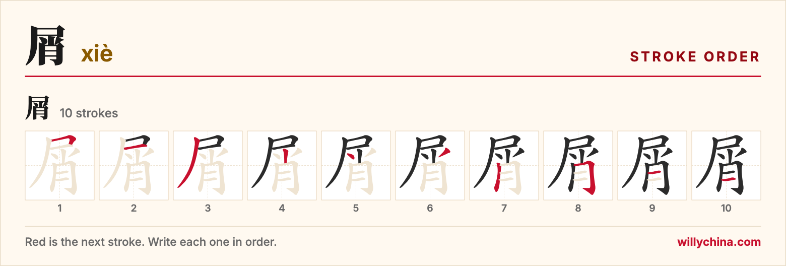 屑 (xiè) stroke order chart: each stroke of the character in the order you write it