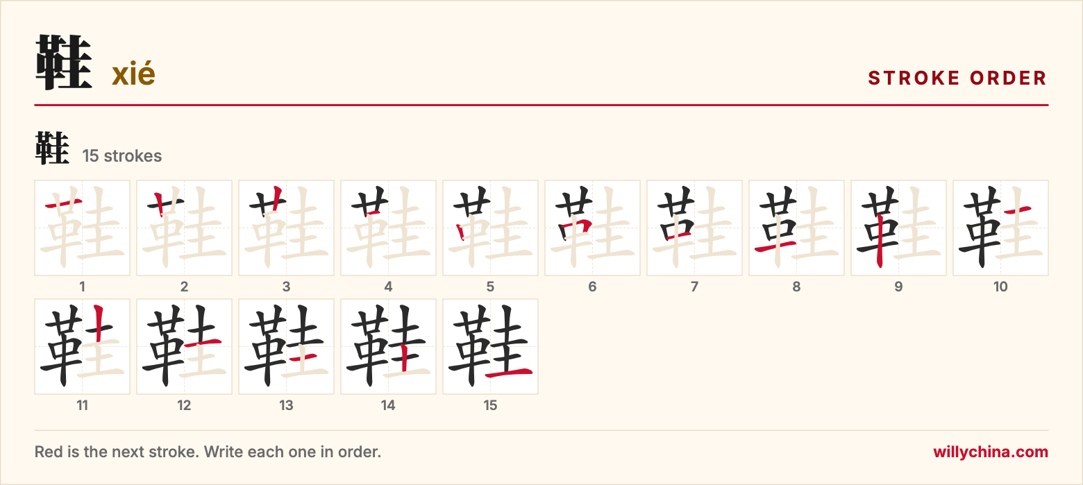鞋 (xié) stroke order chart: each stroke of the character in the order you write it