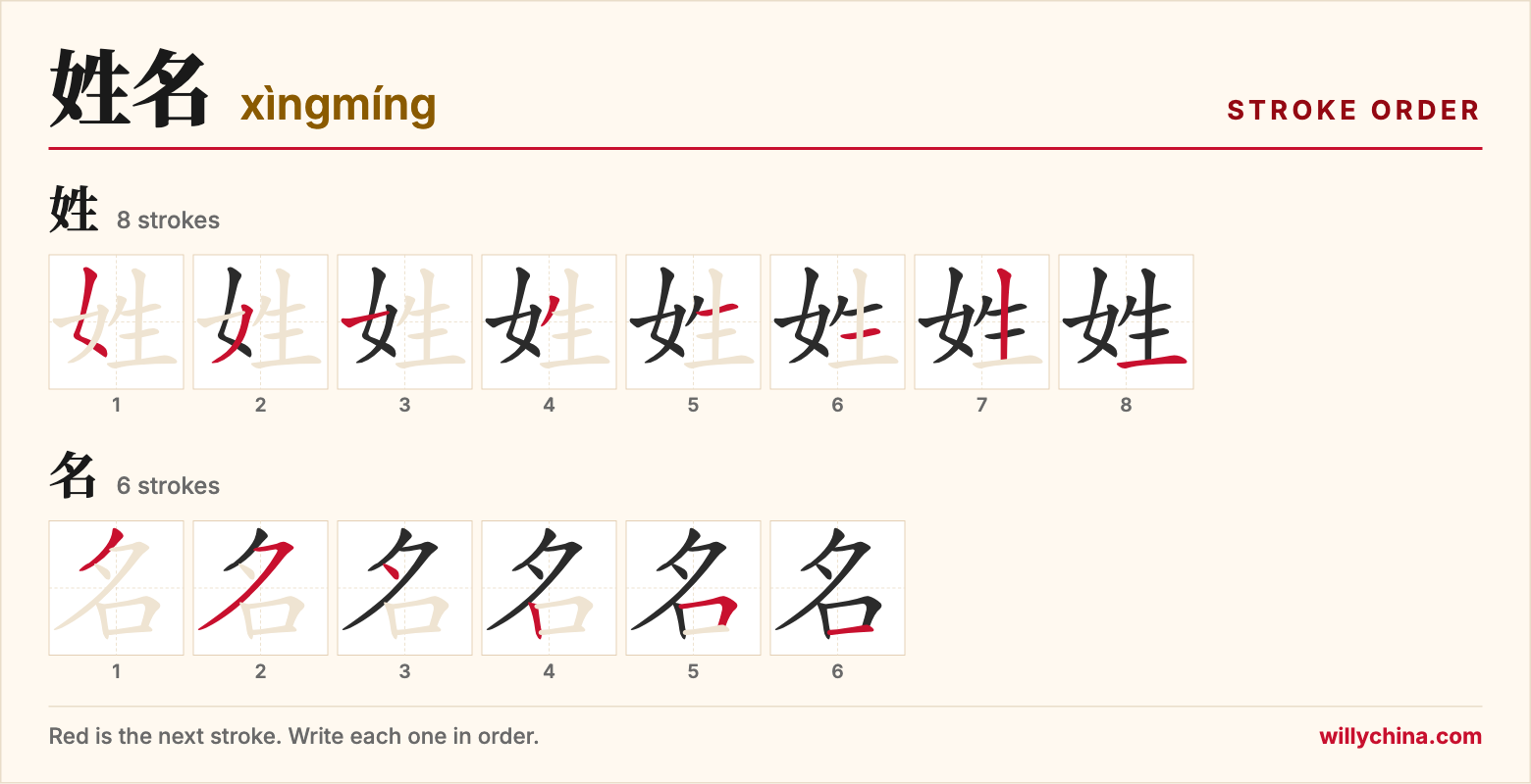 姓名 (xìngmíng) stroke order chart: each stroke of the characters in the order you write them