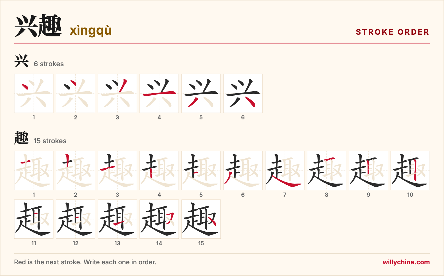 兴趣 (xìngqù) stroke order chart: each stroke of the characters in the order you write them