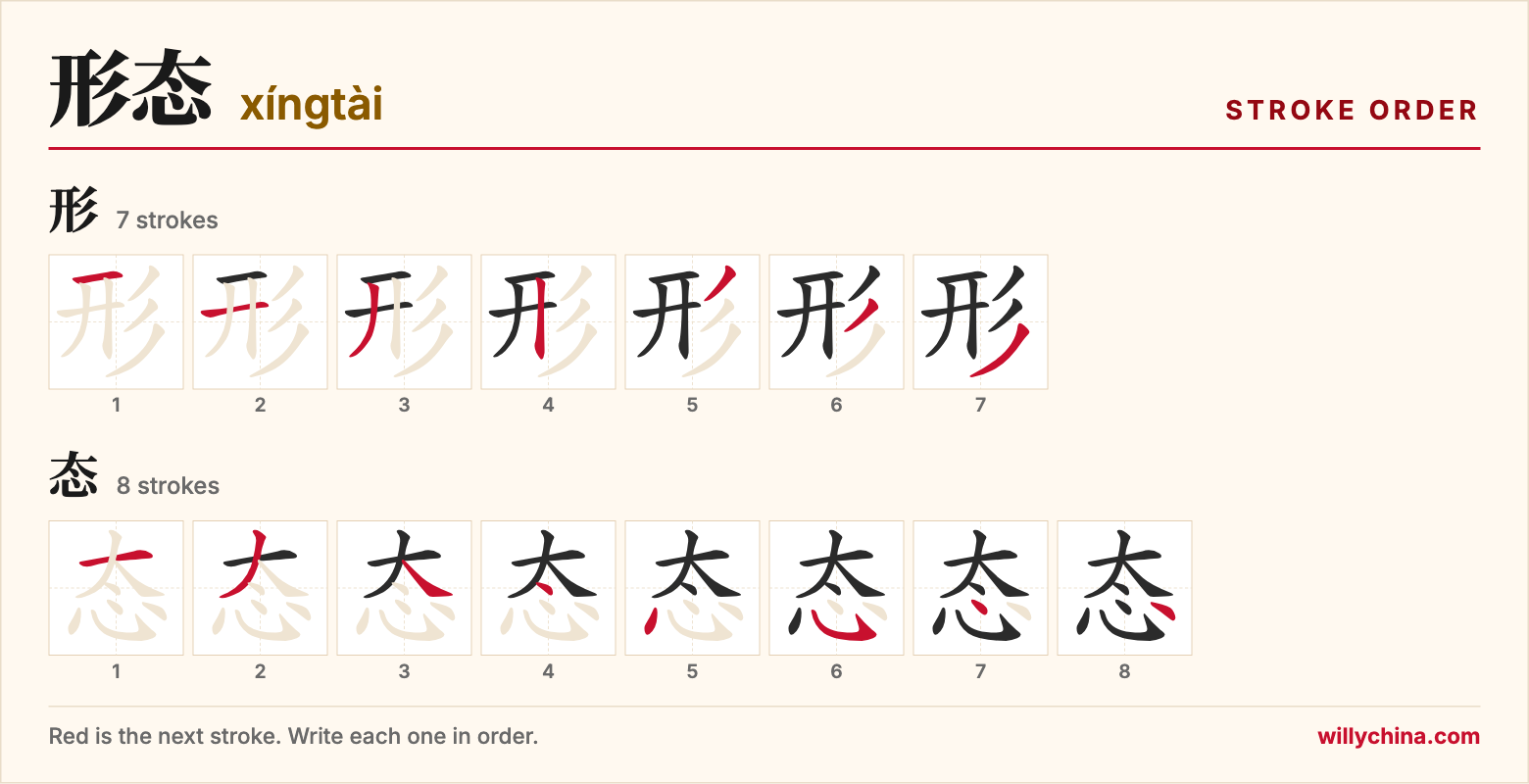 形态 (xíngtài) stroke order chart: each stroke of the characters in the order you write them