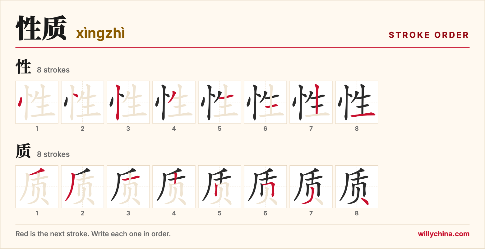 性质 (xìngzhì) stroke order chart: each stroke of the characters in the order you write them
