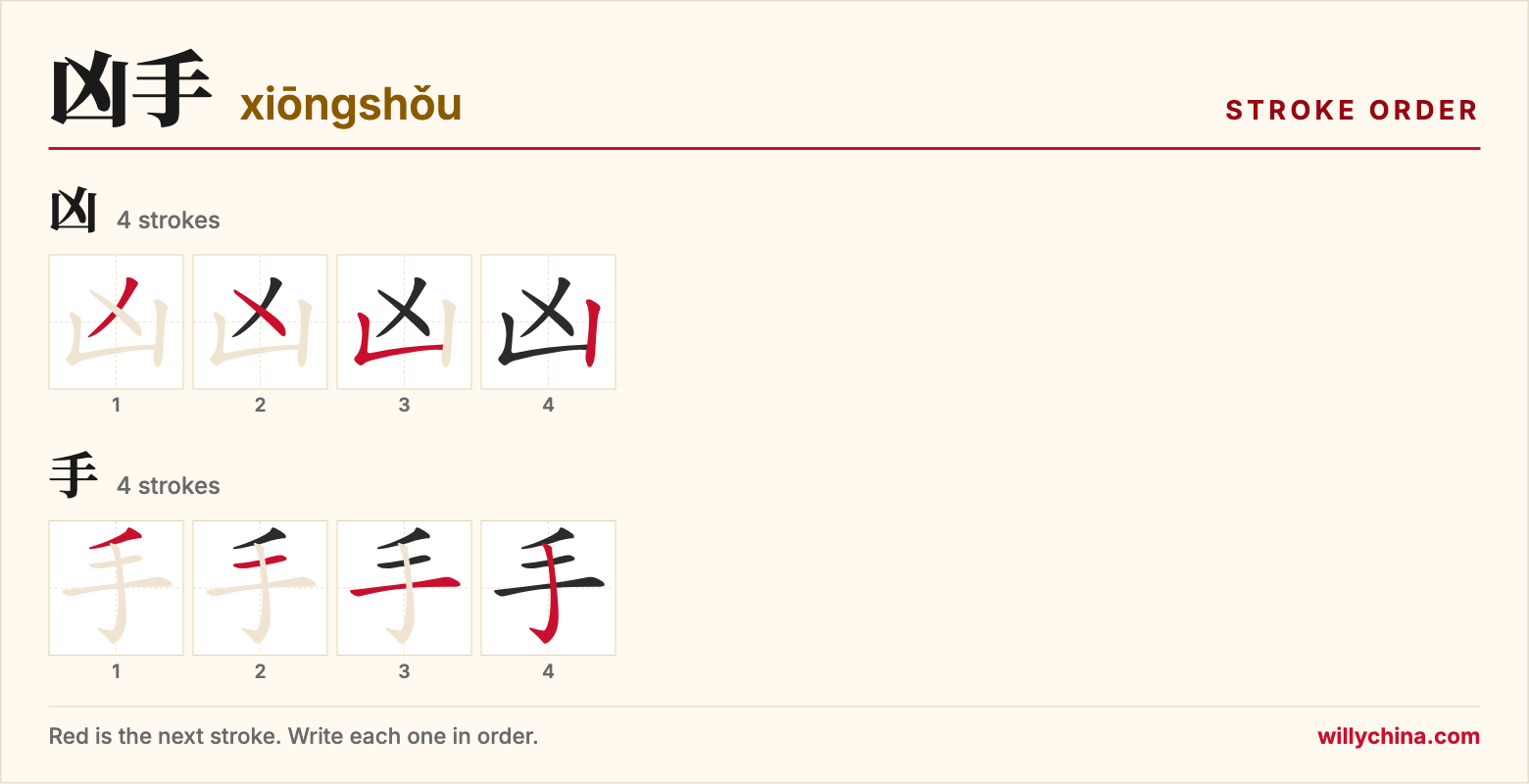 凶手 (xiōngshǒu) stroke order chart: each stroke of the characters in the order you write them