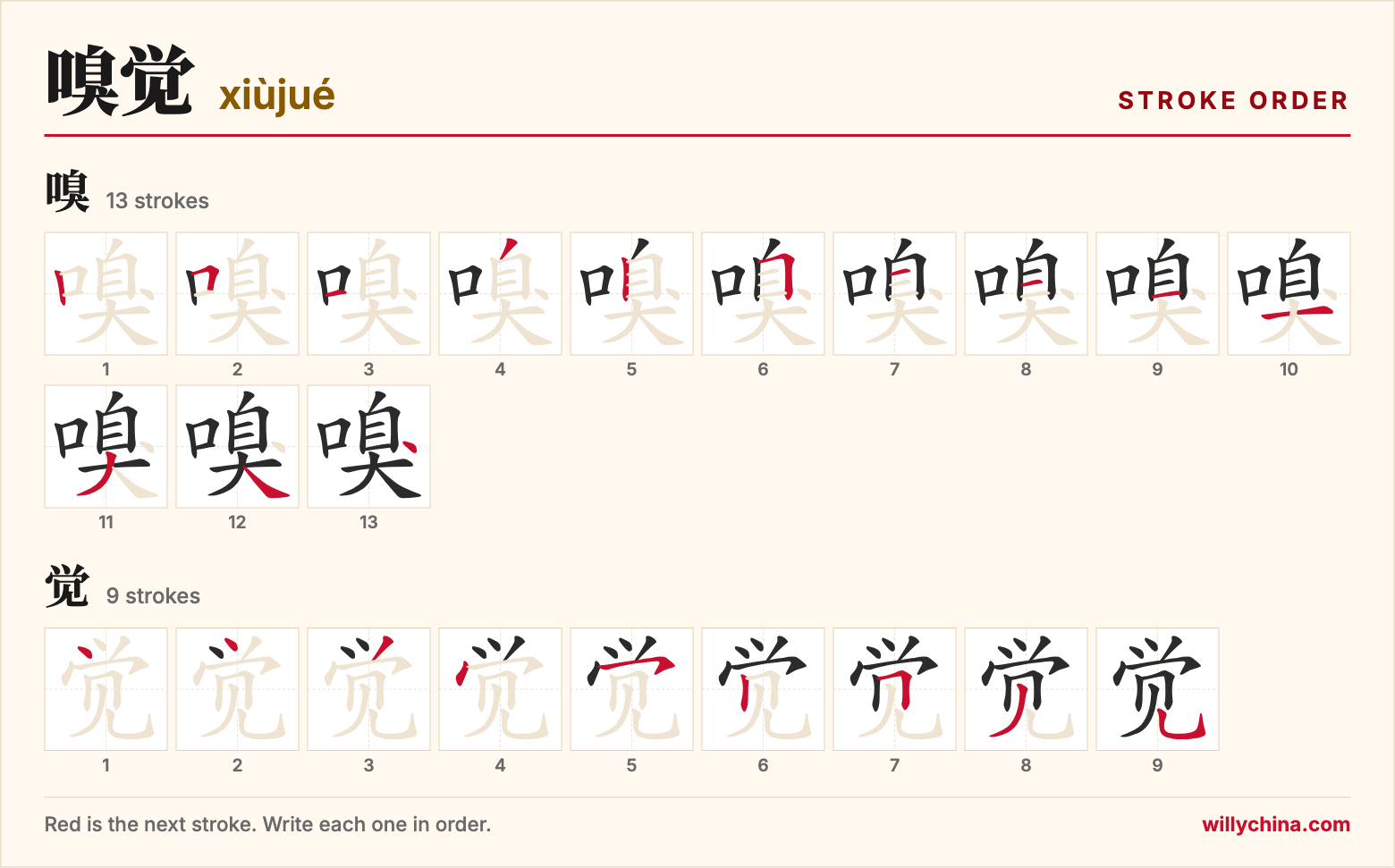 嗅觉 (xiùjué) stroke order chart: each stroke of the characters in the order you write them