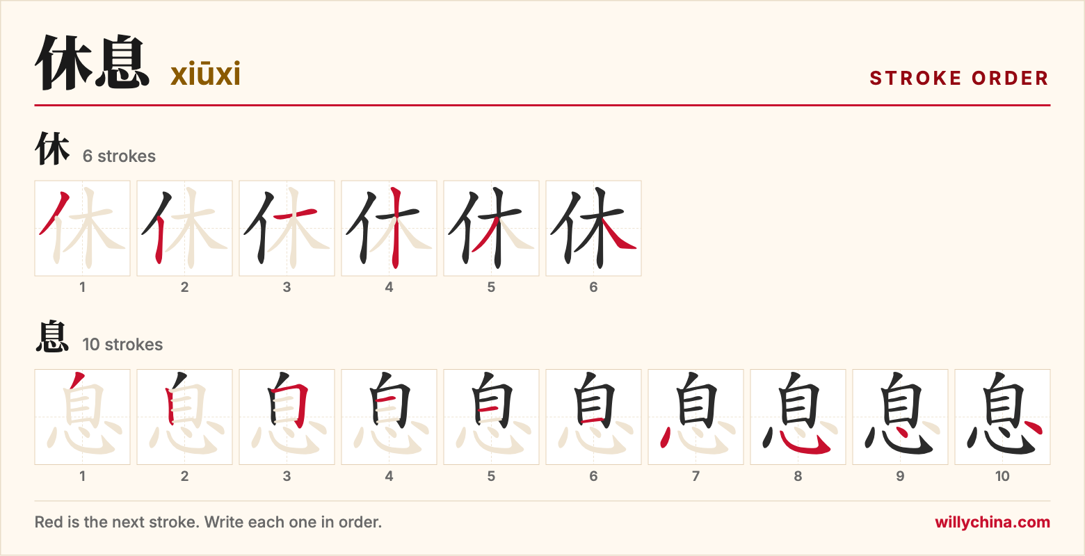休息 (xiūxi) stroke order chart: each stroke of the characters in the order you write them