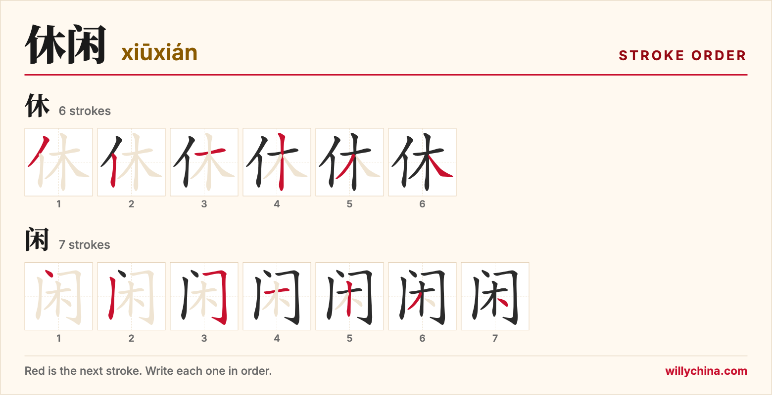 休闲 (xiūxián) stroke order chart: each stroke of the characters in the order you write them