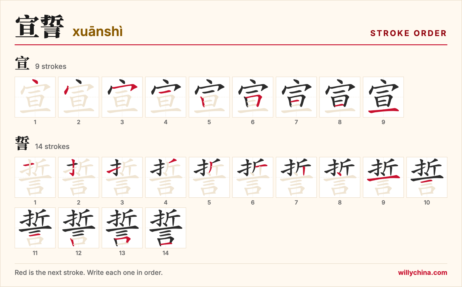 宣誓 (xuānshì) stroke order chart: each stroke of the characters in the order you write them