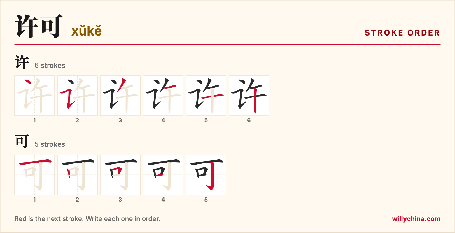 许可 (xǔkě) stroke order chart: each stroke of the characters in the order you write them