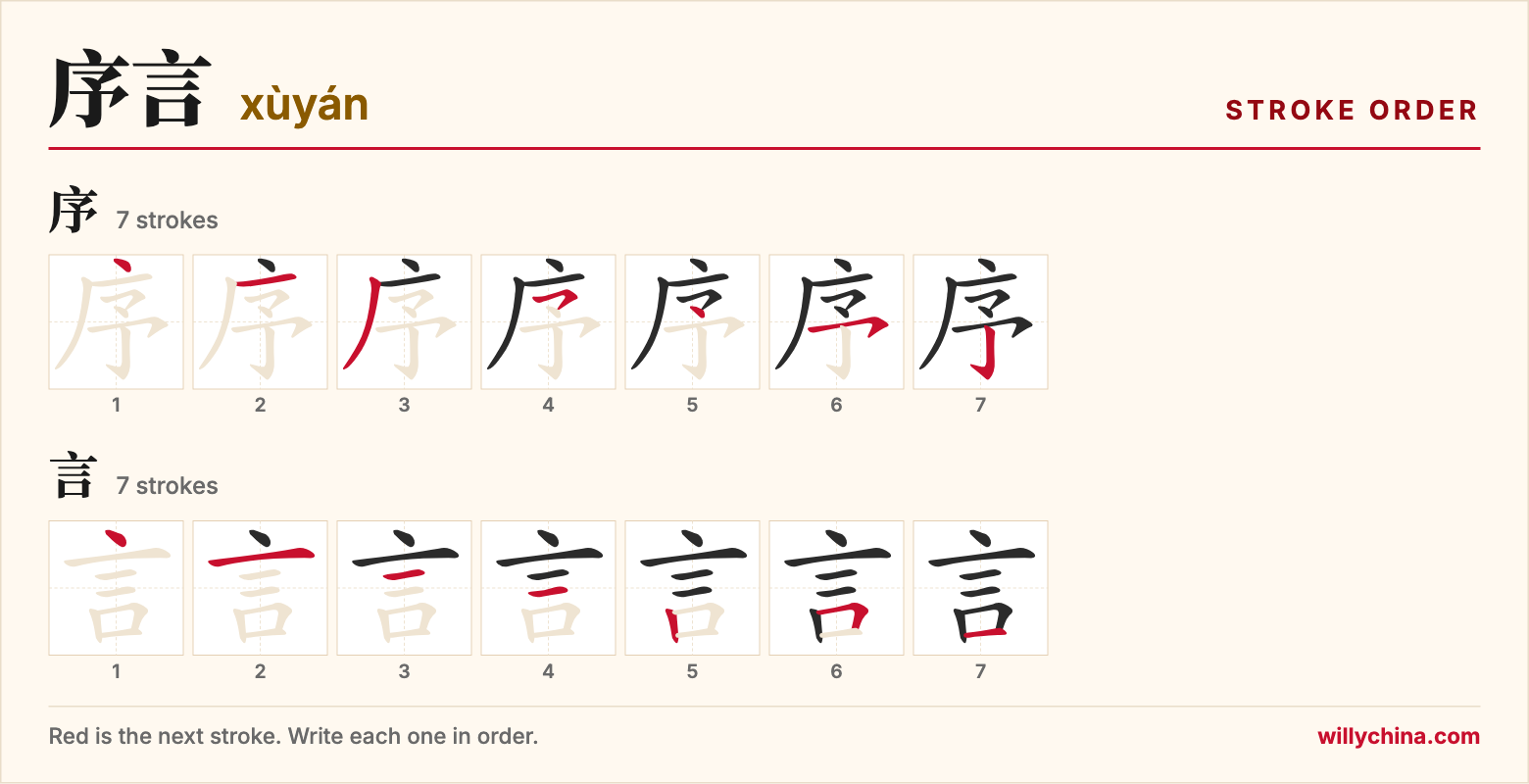 序言 (xùyán) stroke order chart: each stroke of the characters in the order you write them