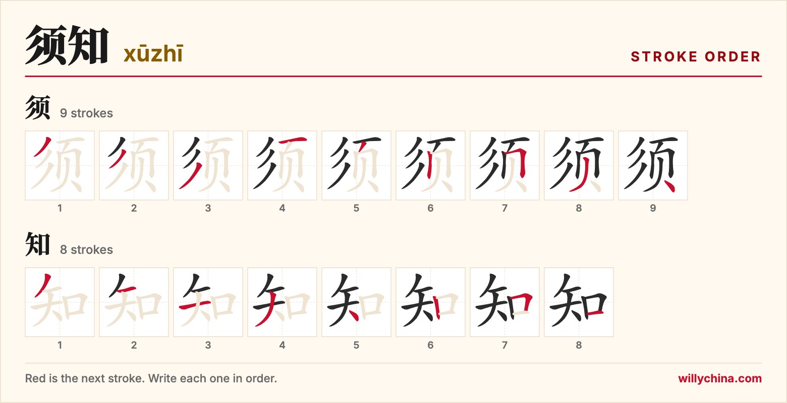 须知 (xūzhī) stroke order chart: each stroke of the characters in the order you write them