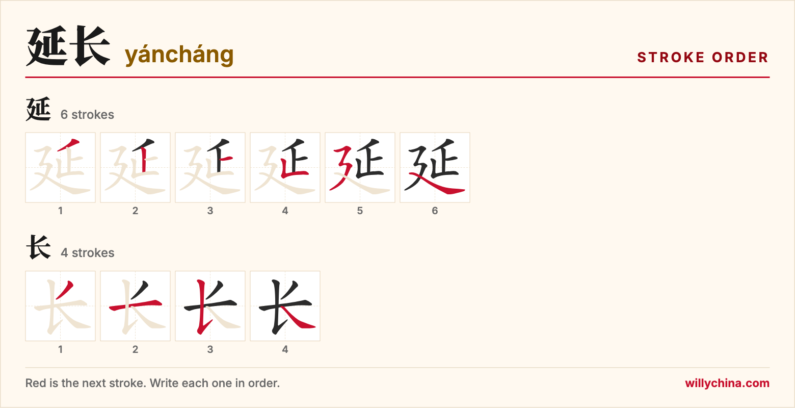延长 (yáncháng) stroke order chart: each stroke of the characters in the order you write them