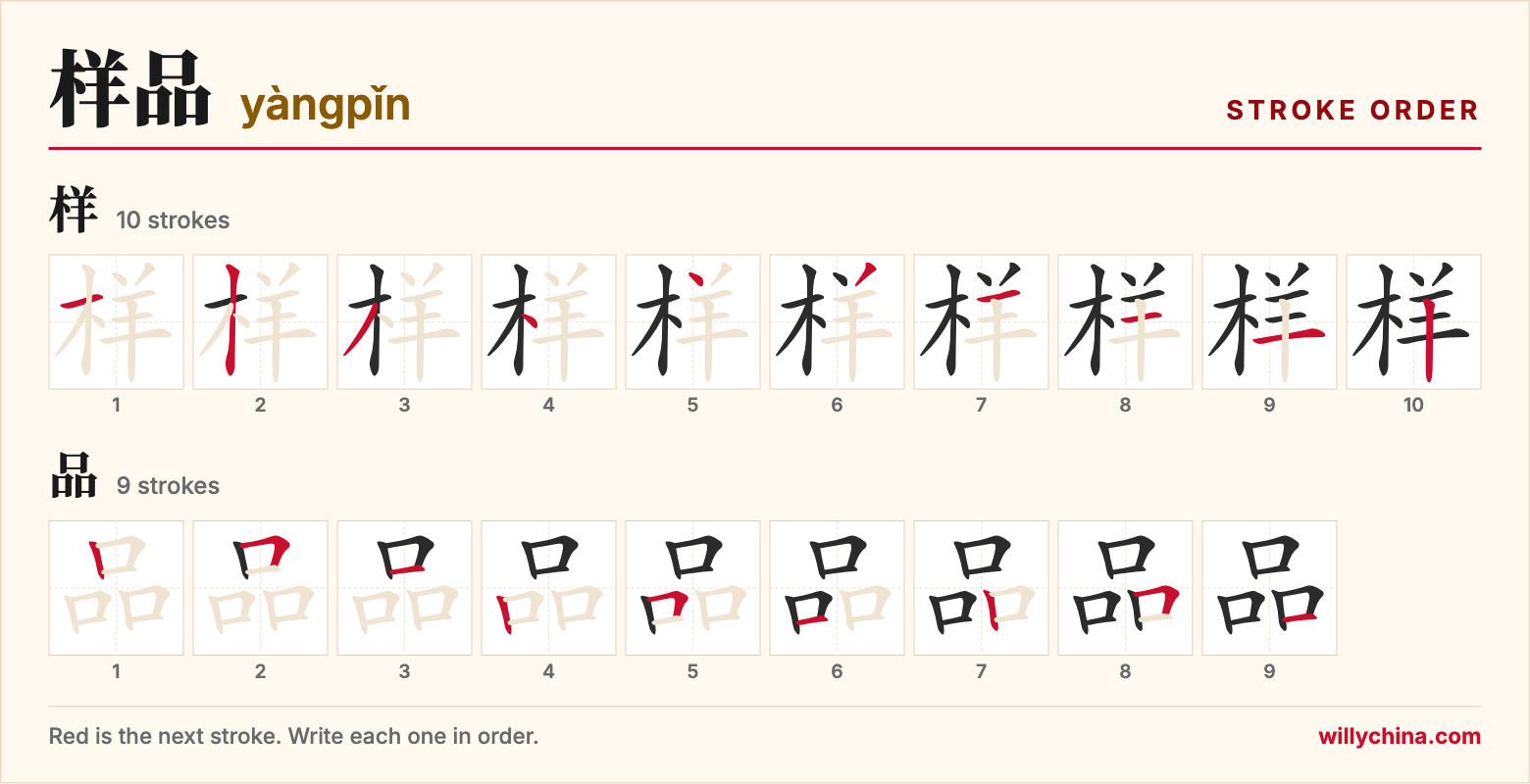 样品 (yàngpǐn) stroke order chart: each stroke of the characters in the order you write them