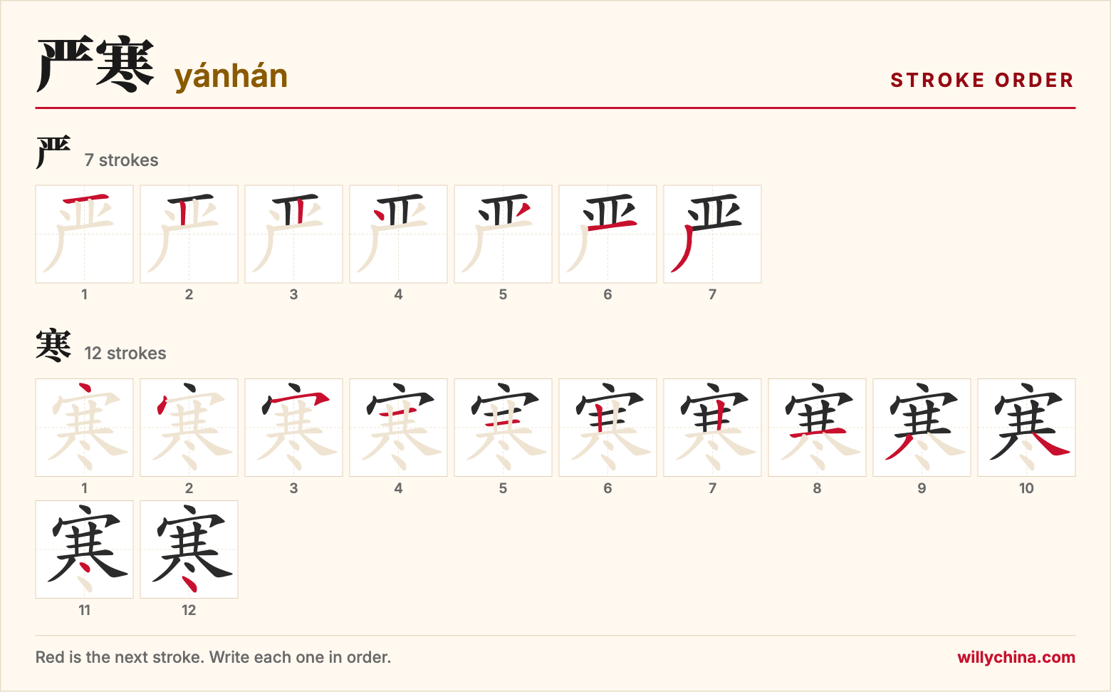 严寒 (yánhán) stroke order chart: each stroke of the characters in the order you write them