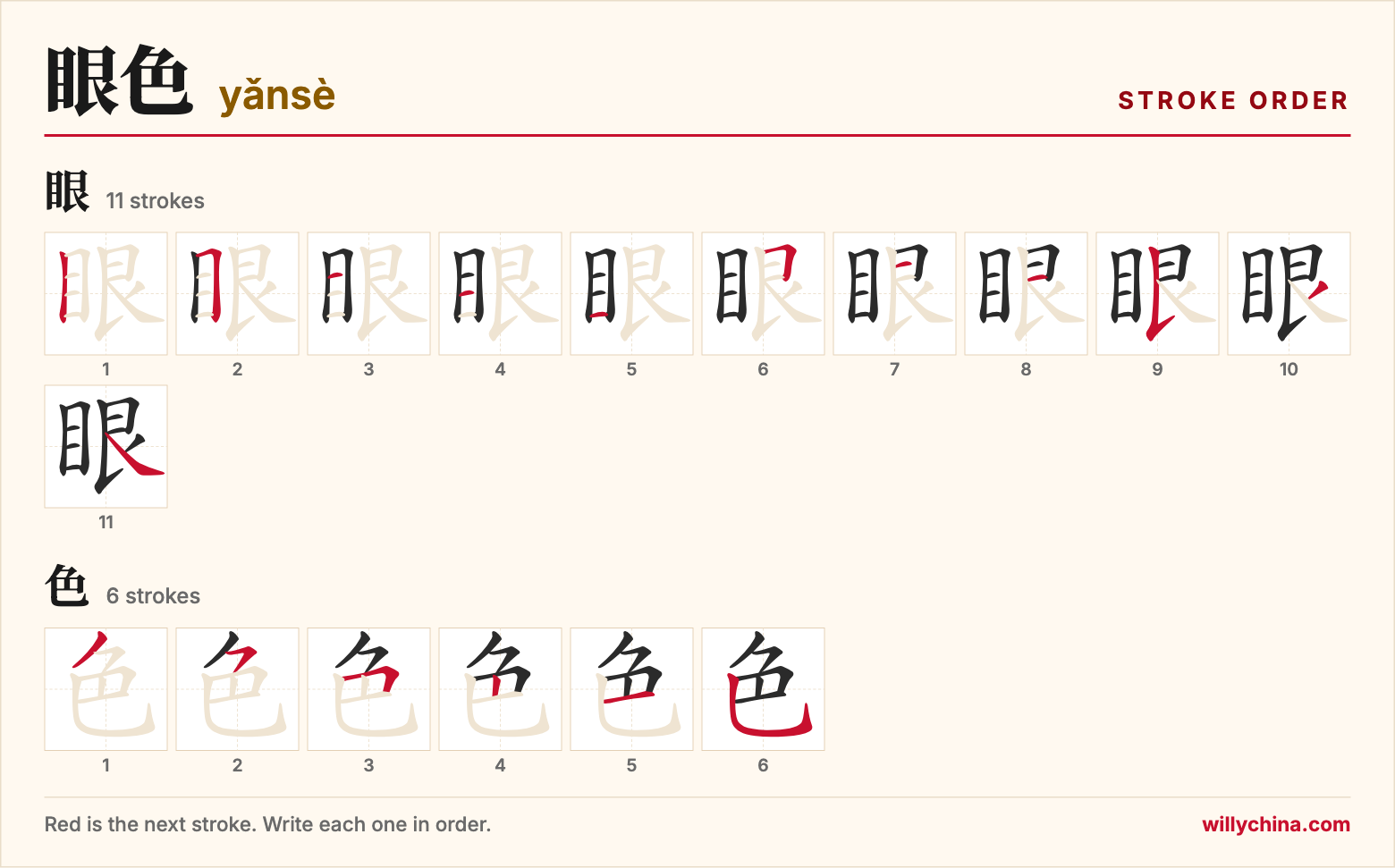 眼色 (yǎnsè) stroke order chart: each stroke of the characters in the order you write them