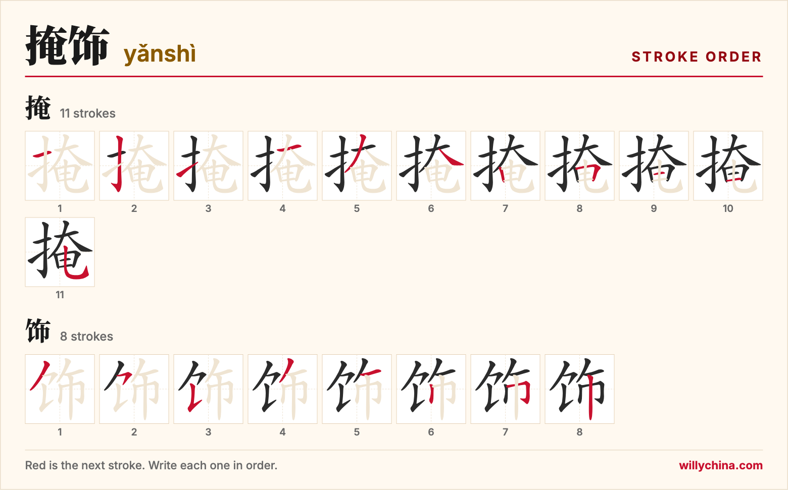 掩饰 (yǎnshì) stroke order chart: each stroke of the characters in the order you write them