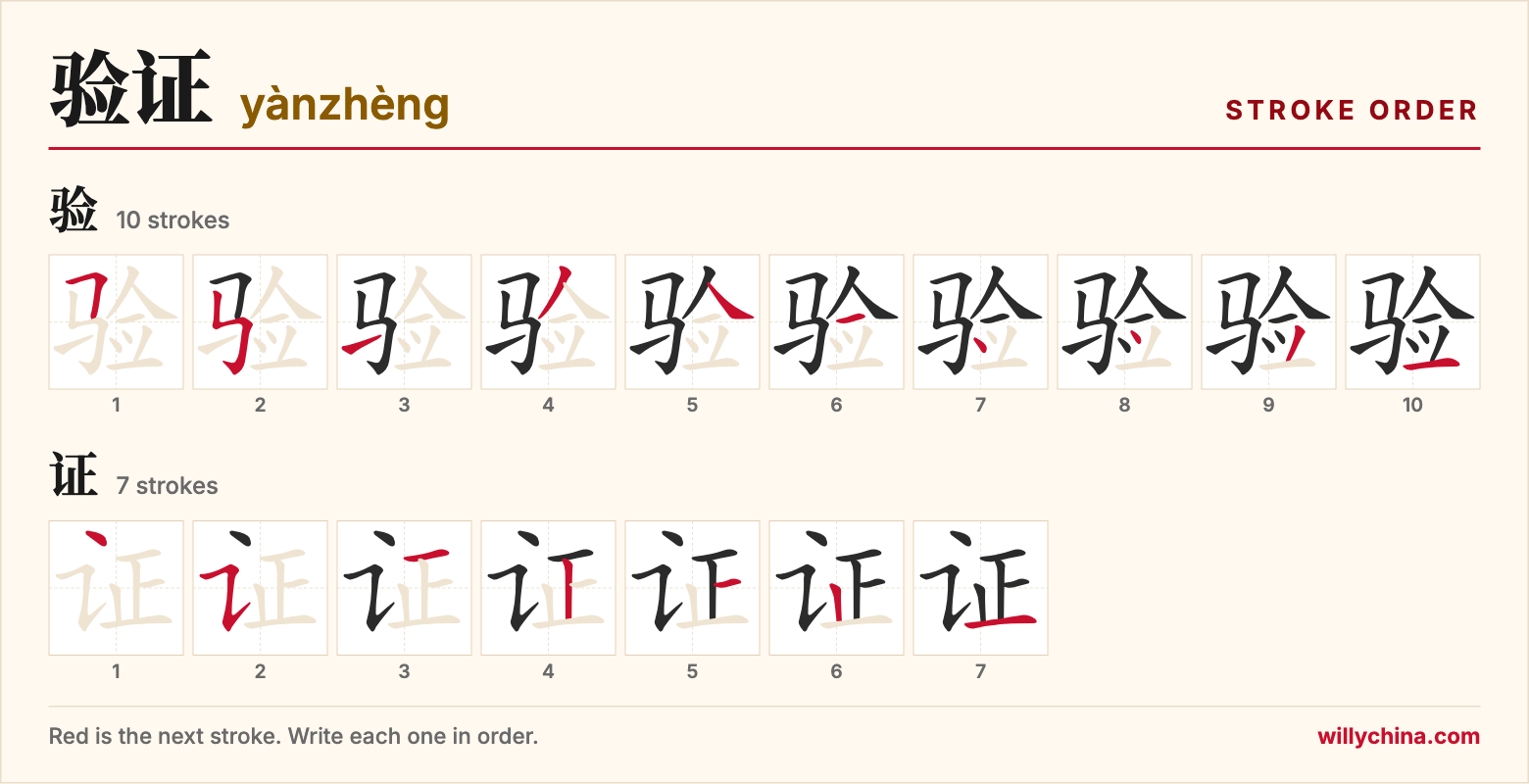 验证 (yànzhèng) stroke order chart: each stroke of the characters in the order you write them