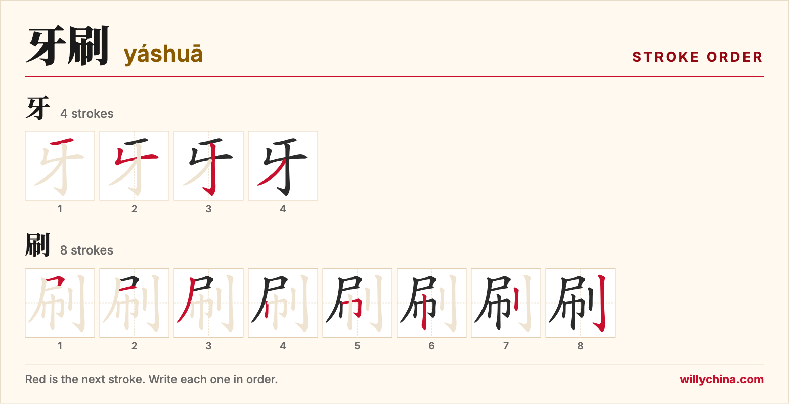 牙刷 (yáshuā) stroke order chart: each stroke of the characters in the order you write them
