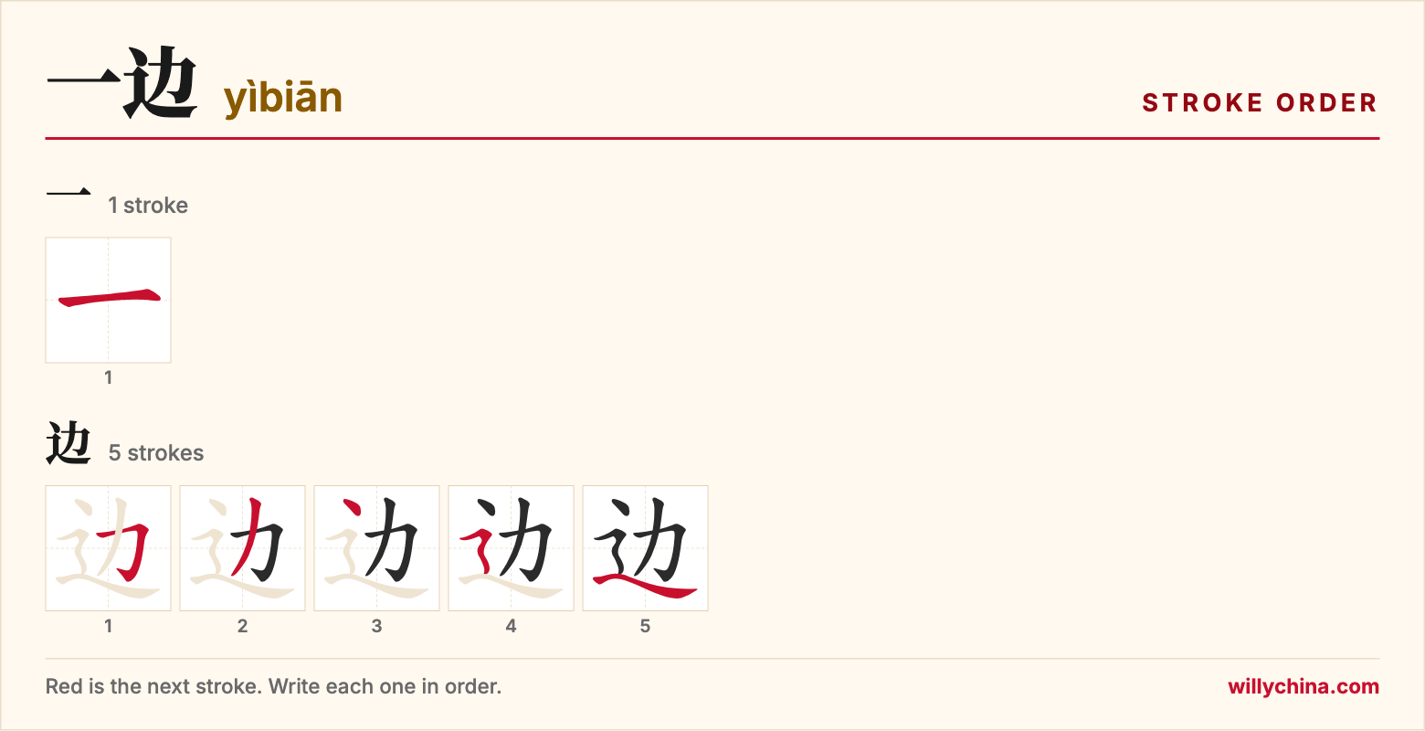 一边 (yìbiān) stroke order chart: each stroke of the characters in the order you write them