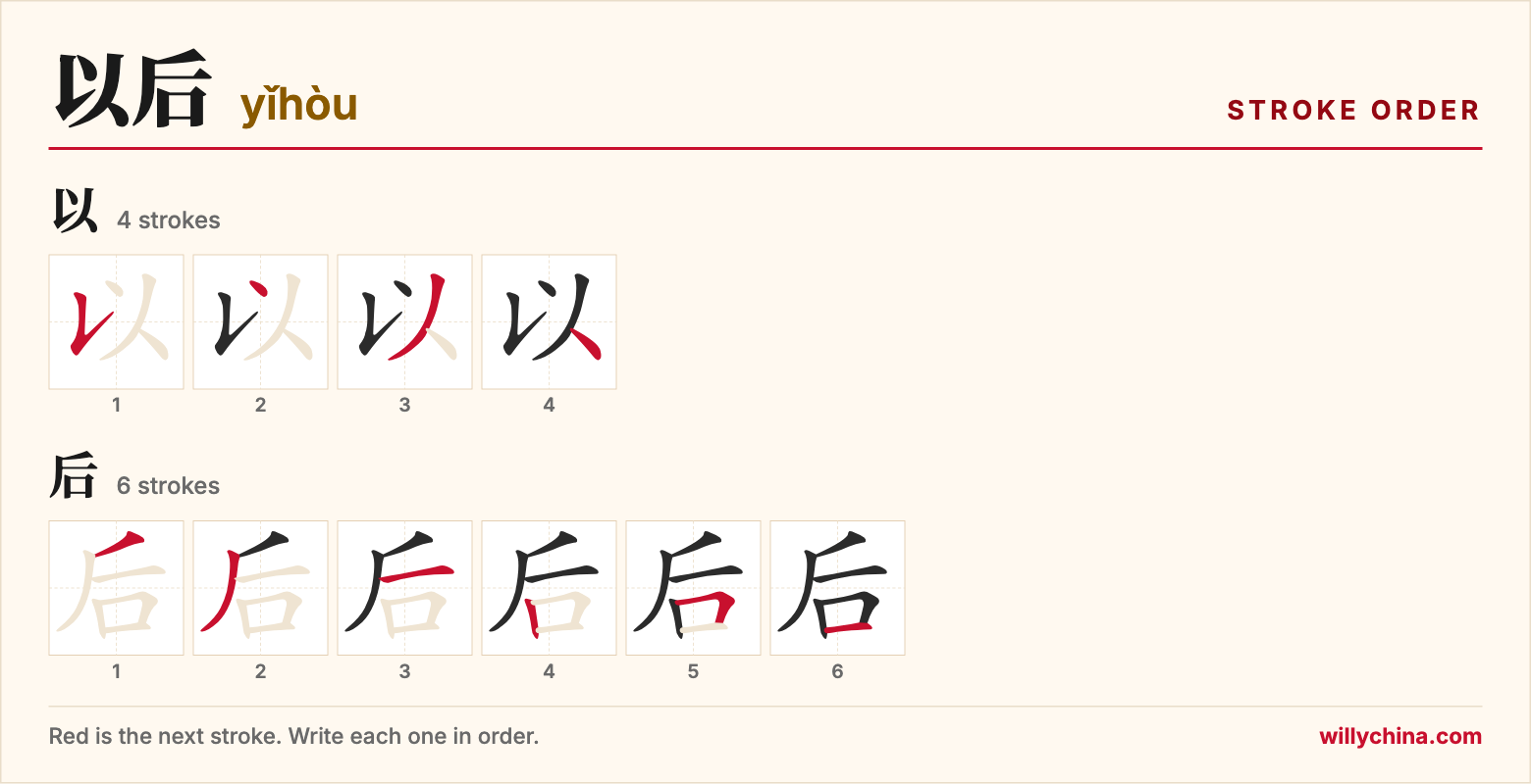 以后 (yǐhòu) stroke order chart: each stroke of the characters in the order you write them