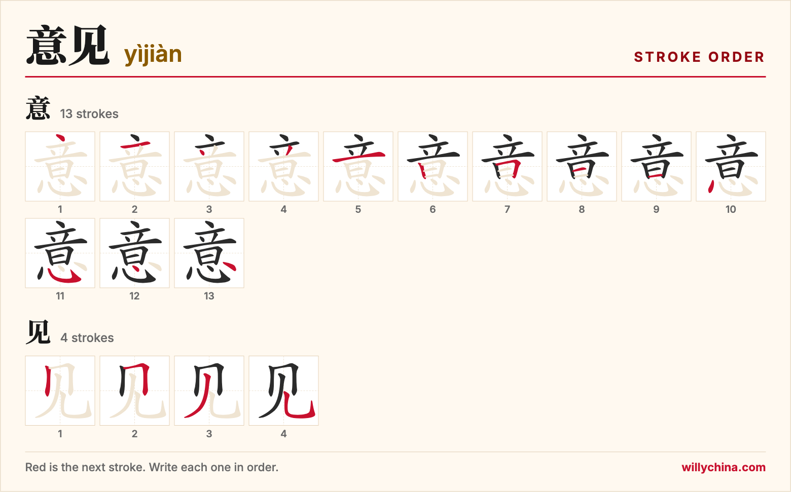 意见 (yìjiàn) stroke order chart: each stroke of the characters in the order you write them