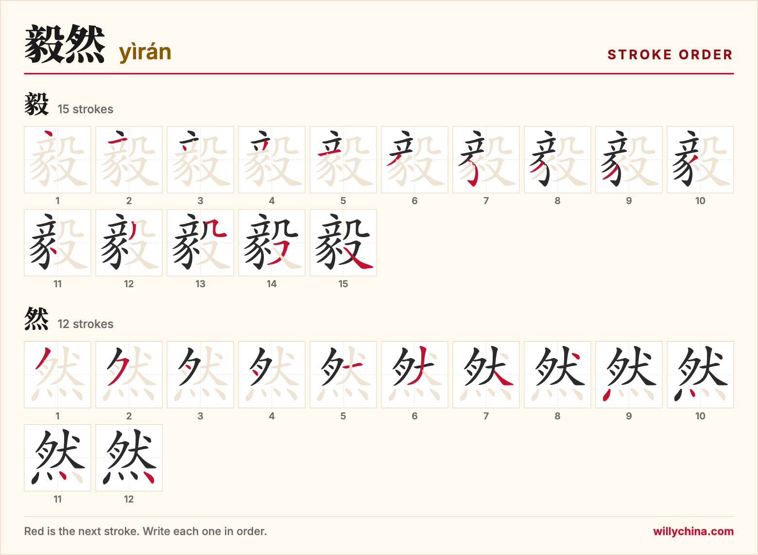 毅然 (yìrán) stroke order chart: each stroke of the characters in the order you write them