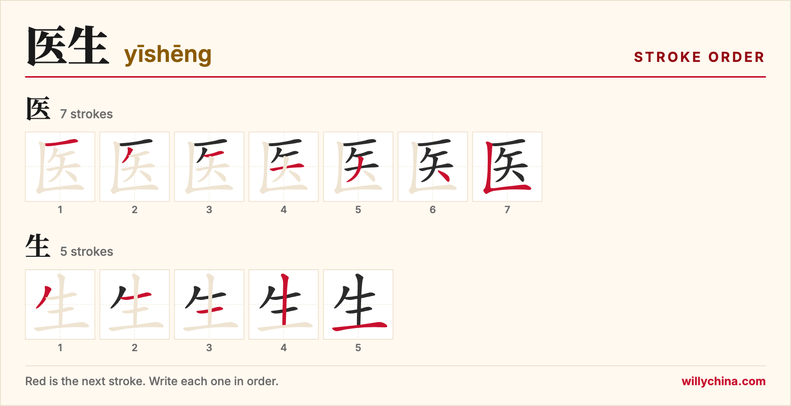 医生 (yīshēng) stroke order chart: each stroke of the characters in the order you write them