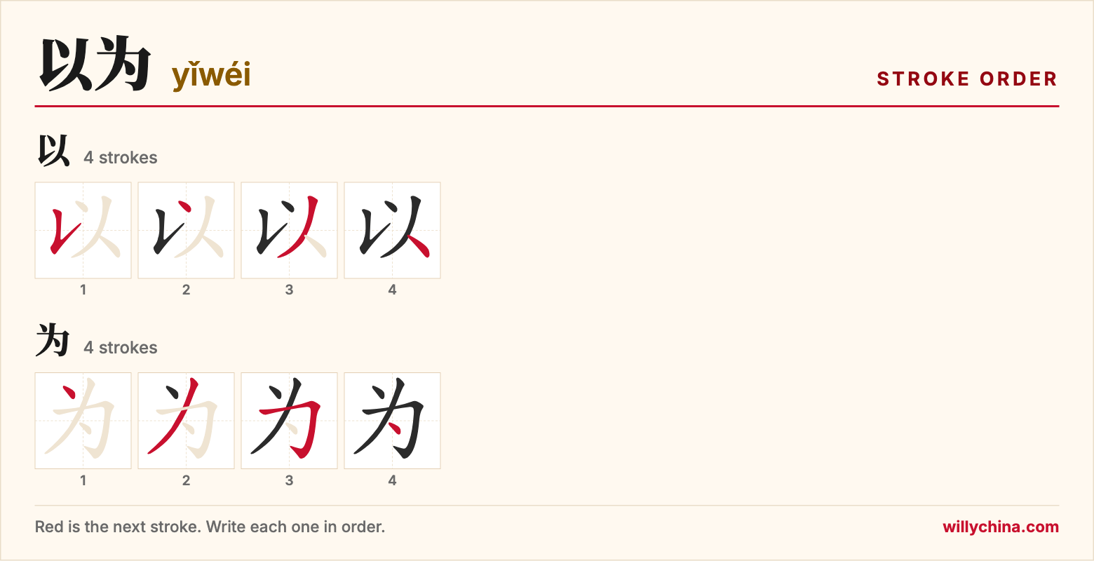 以为 (yǐwéi) stroke order chart: each stroke of the characters in the order you write them