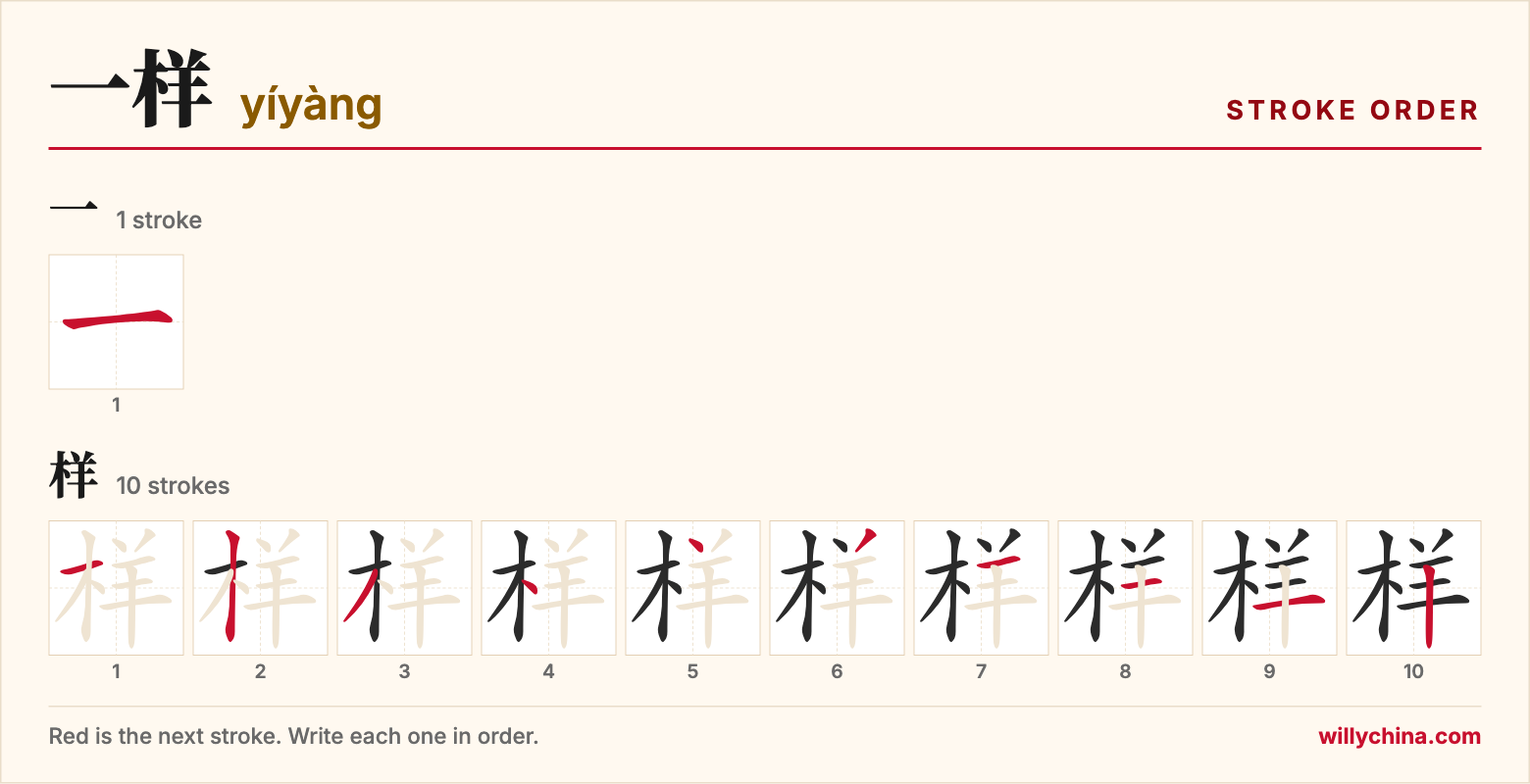 一样 (yíyàng) stroke order chart: each stroke of the characters in the order you write them