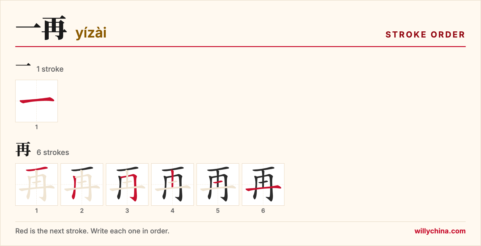 一再 (yízài) stroke order chart: each stroke of the characters in the order you write them