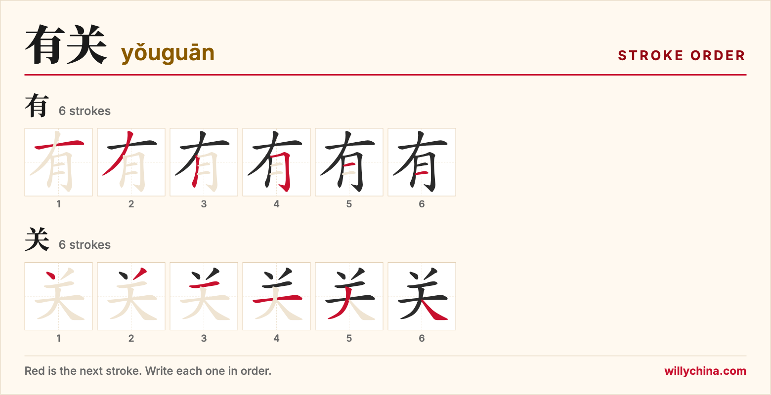 有关 (yǒuguān) stroke order chart: each stroke of the characters in the order you write them