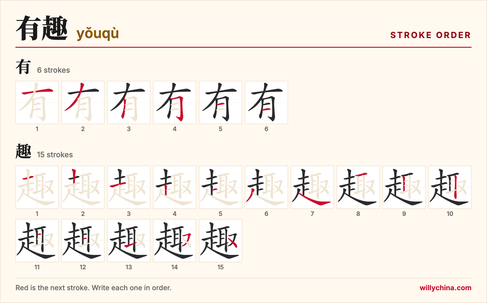 有趣 (yǒuqù) stroke order chart: each stroke of the characters in the order you write them