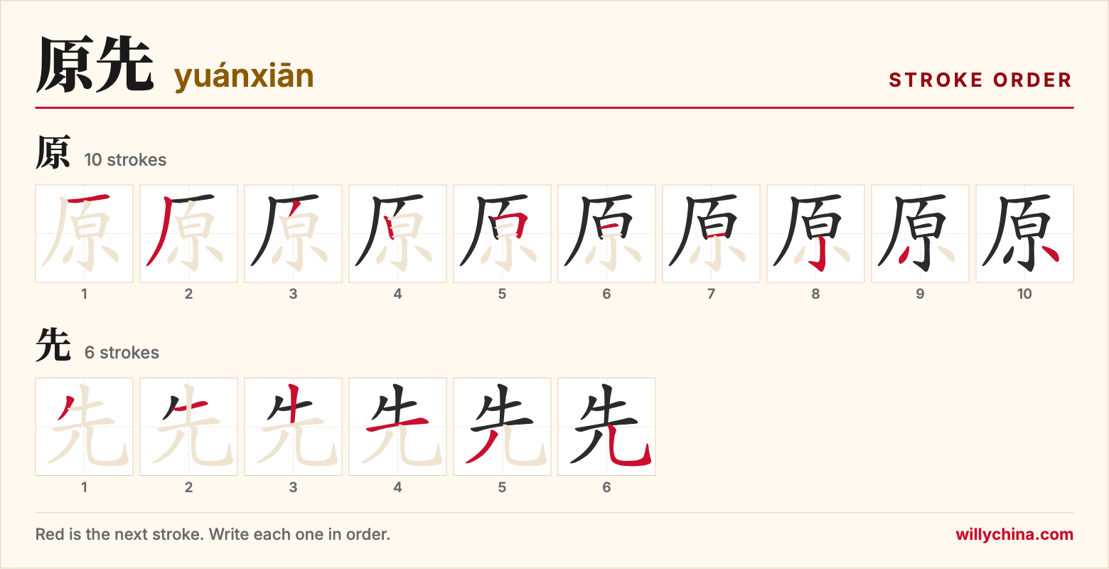 原先 (yuánxiān) stroke order chart: each stroke of the characters in the order you write them