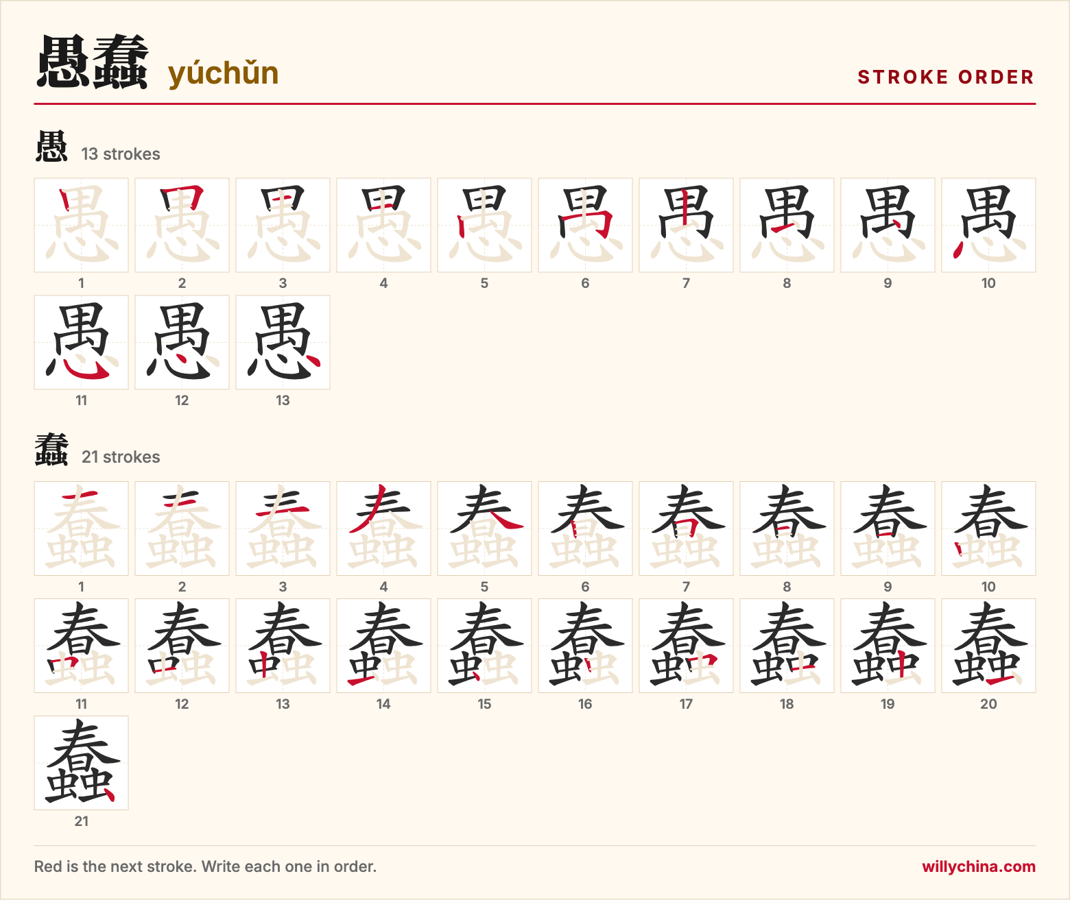 愚蠢 (yúchǔn) stroke order chart: each stroke of the characters in the order you write them
