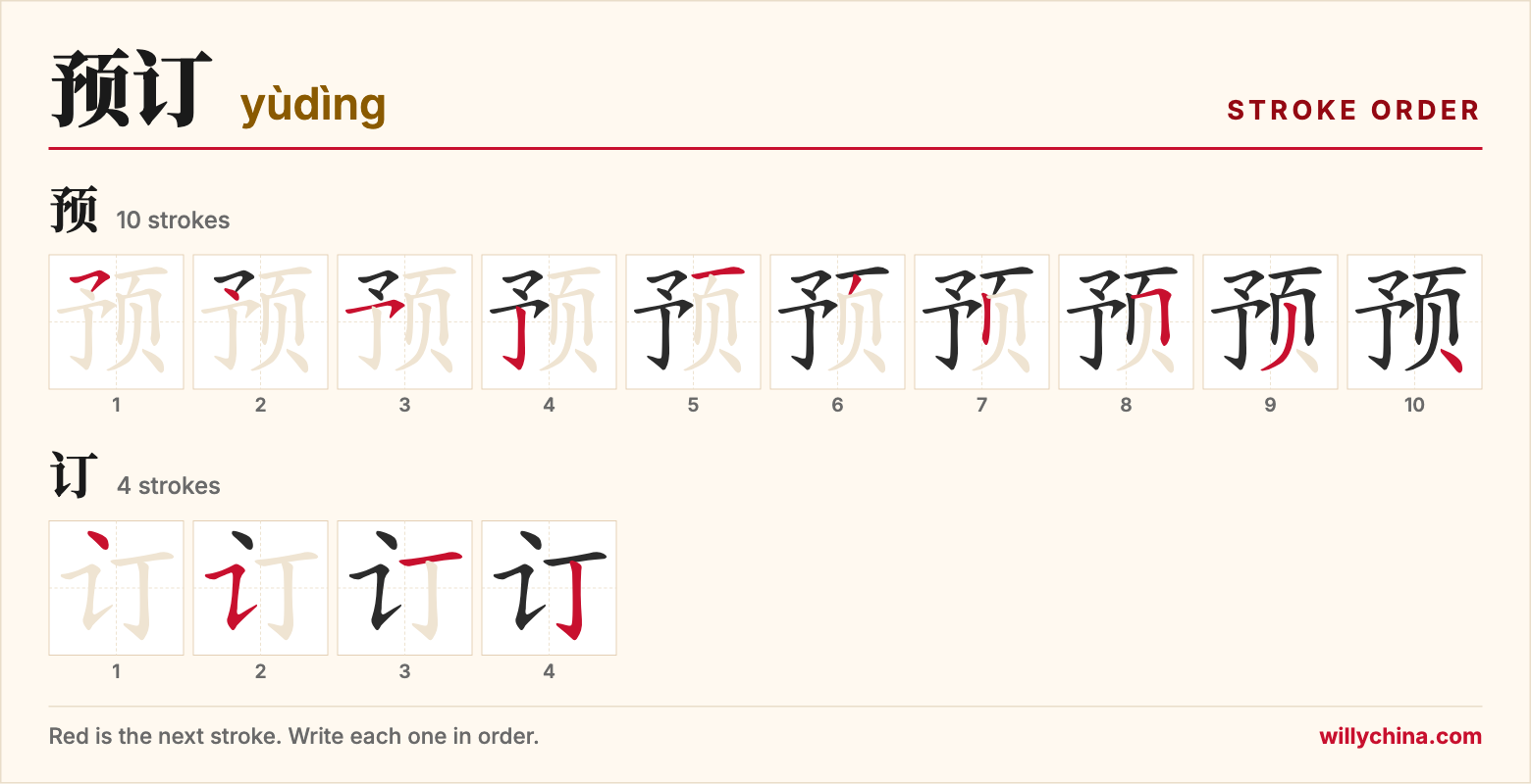 预订 (yùdìng) stroke order chart: each stroke of the characters in the order you write them