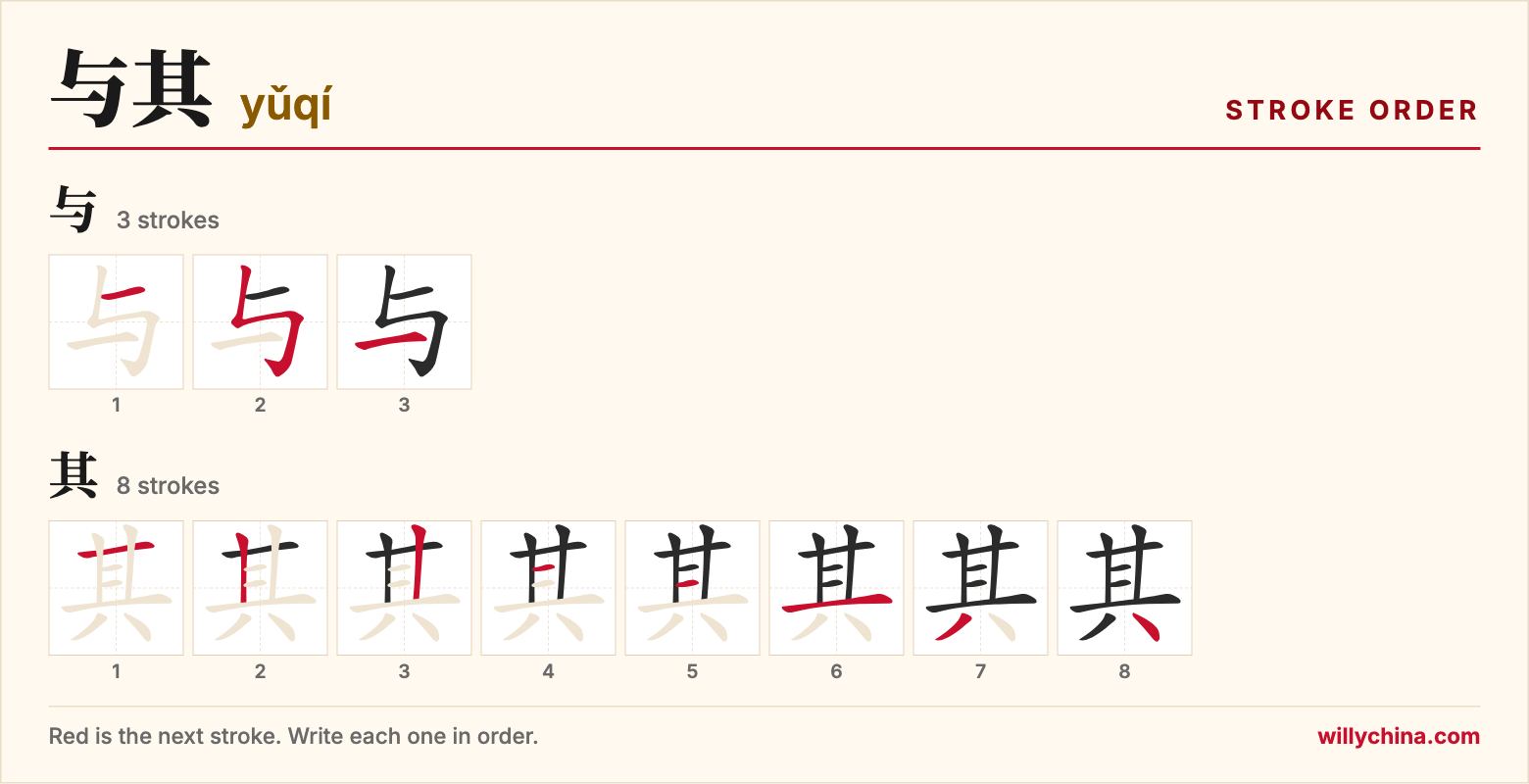 与其 (yǔqí) stroke order chart: each stroke of the characters in the order you write them