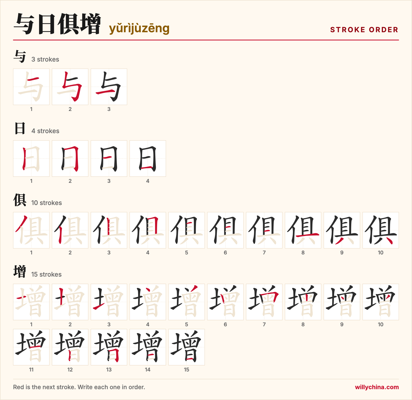 与日俱增 (yǔrìjùzēng) stroke order chart: each stroke of the characters in the order you write them