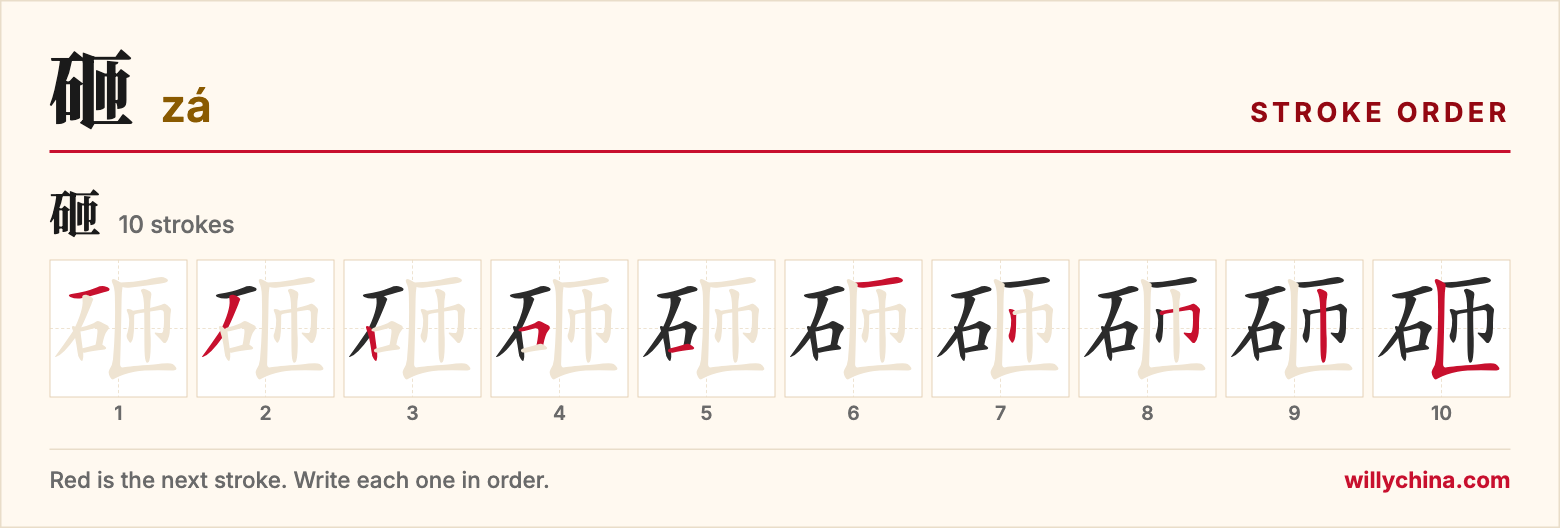 砸 (zá) stroke order chart: each stroke of the character in the order you write it