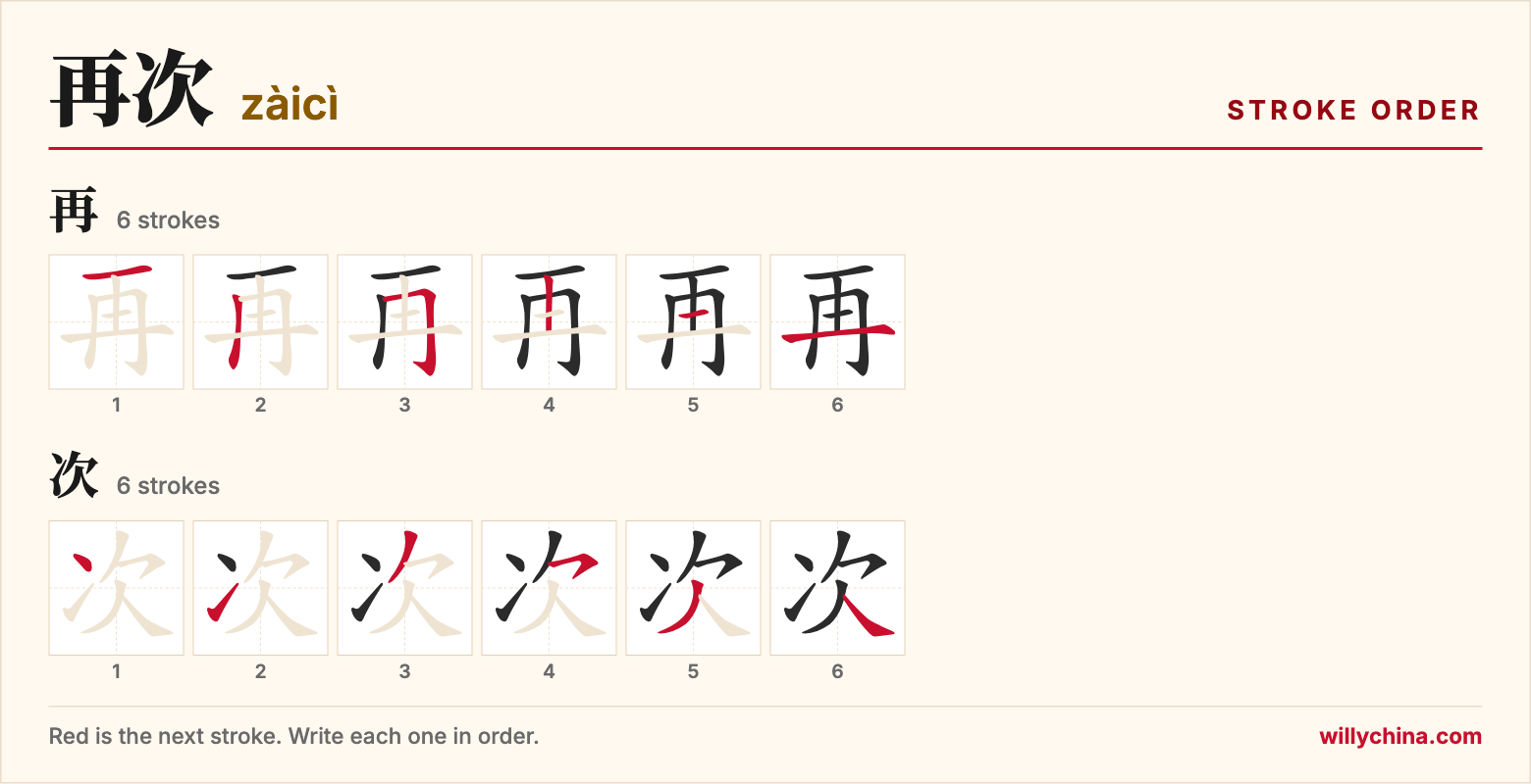 再次 (zàicì) stroke order chart: each stroke of the characters in the order you write them