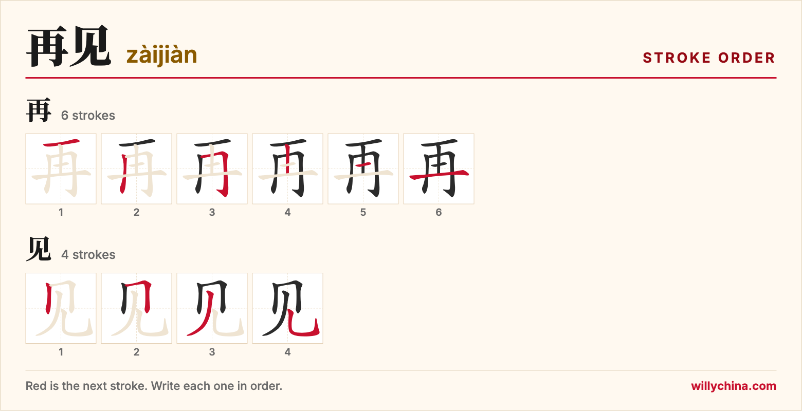 再见 (zàijiàn) stroke order chart: each stroke of the characters in the order you write them