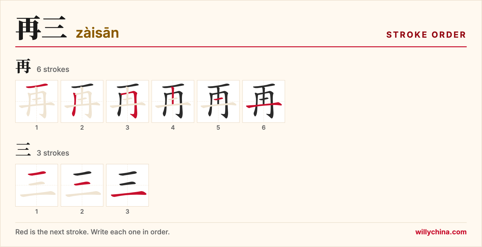 再三 (zàisān) stroke order chart: each stroke of the characters in the order you write them