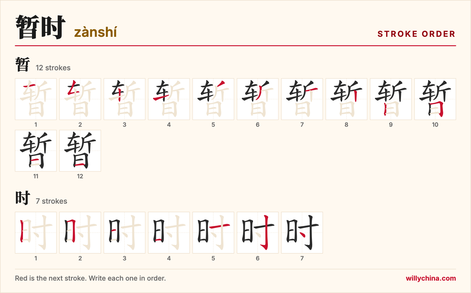 暂时 (zànshí) stroke order chart: each stroke of the characters in the order you write them