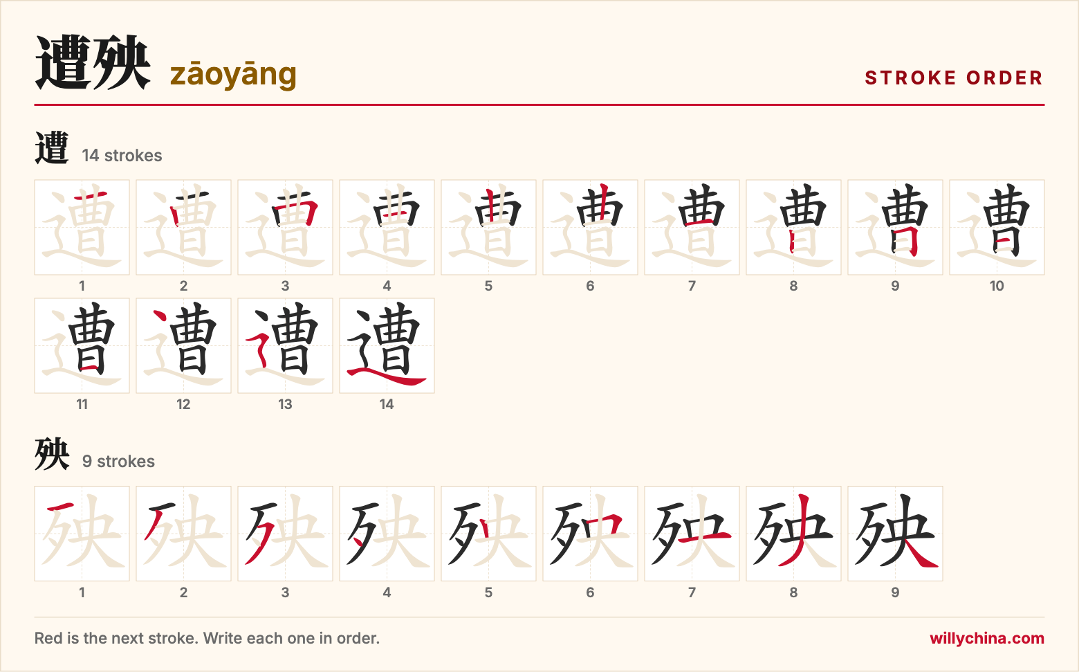 遭殃 (zāoyāng) stroke order chart: each stroke of the characters in the order you write them