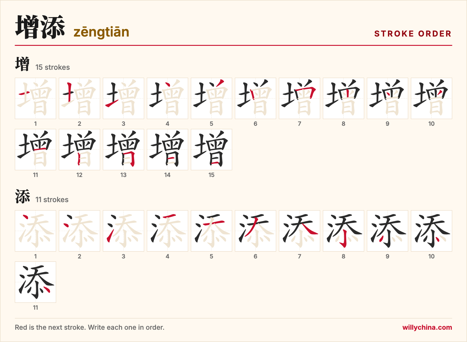 增添 (zēngtiān) stroke order chart: each stroke of the characters in the order you write them