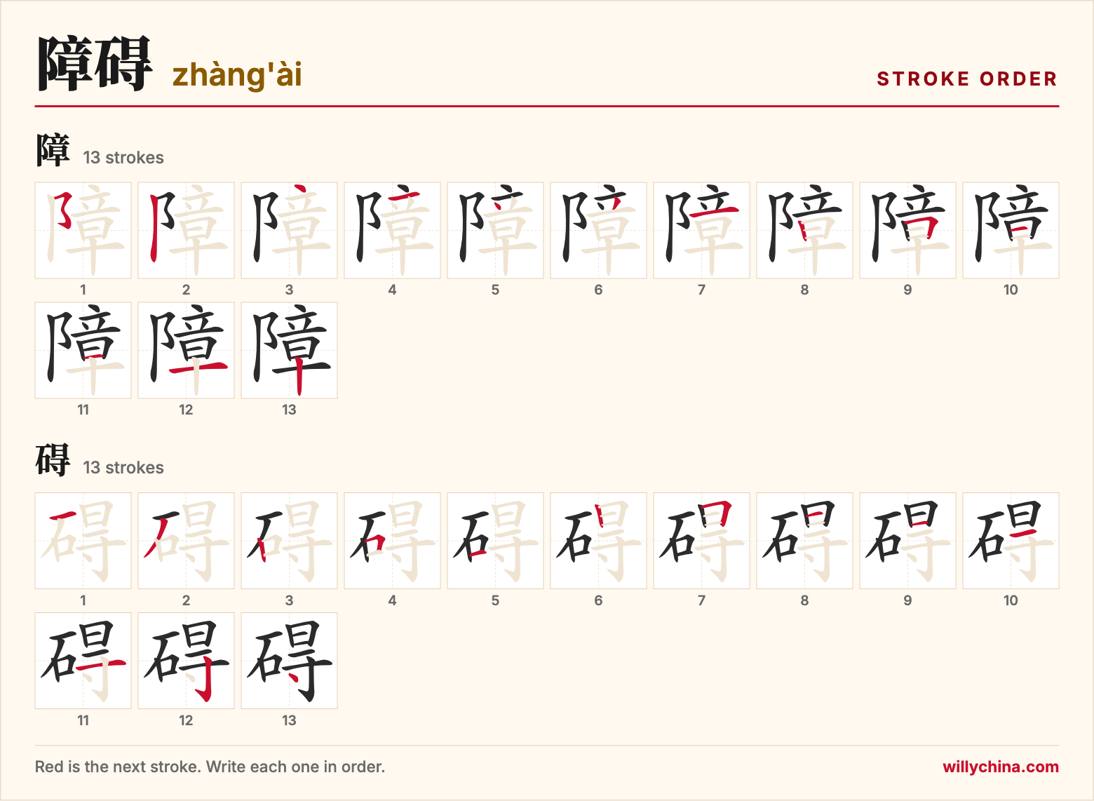 障碍 (zhàng'ài) stroke order chart: each stroke of the characters in the order you write them