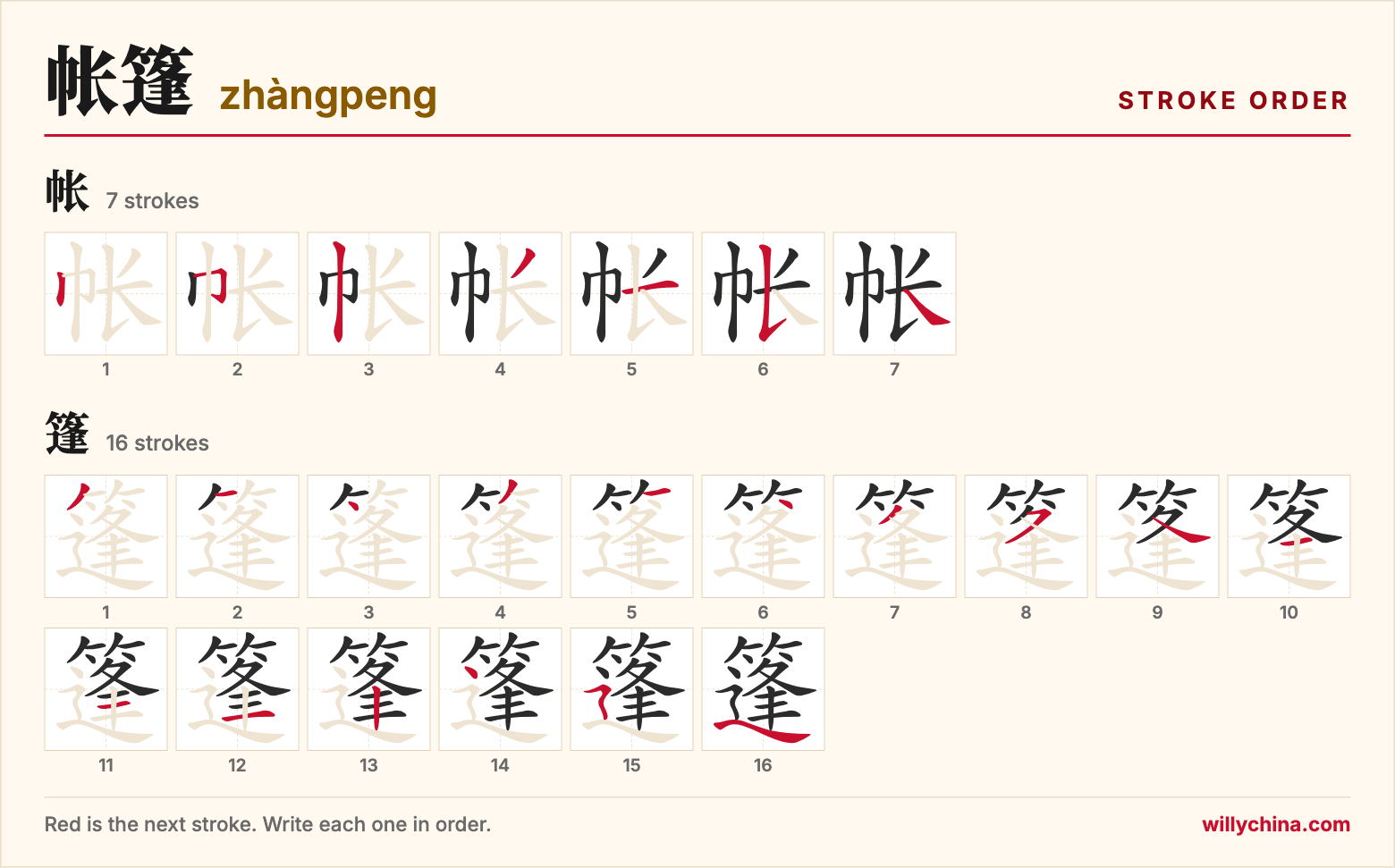帐篷 (zhàngpeng) stroke order chart: each stroke of the characters in the order you write them