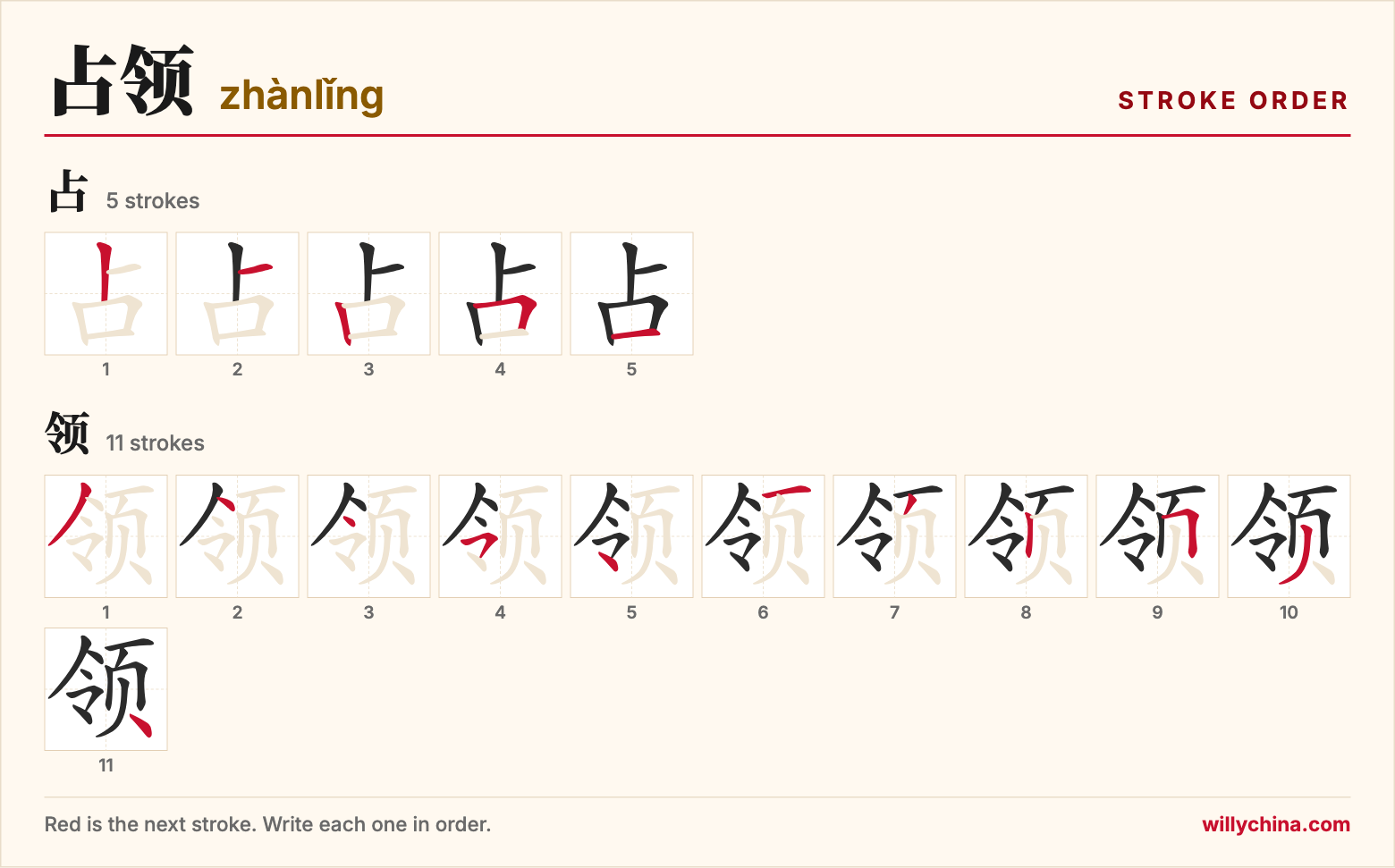 占领 (zhànlǐng) stroke order chart: each stroke of the characters in the order you write them