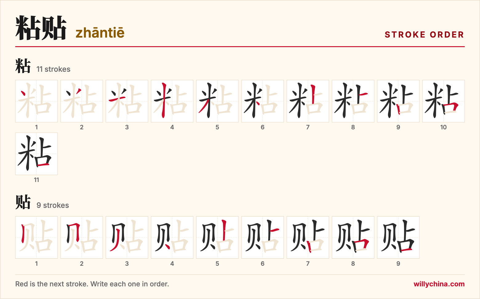 粘贴 (zhāntiē) stroke order chart: each stroke of the characters in the order you write them