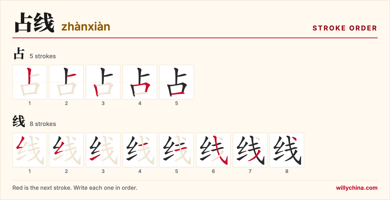 占线 (zhànxiàn) stroke order chart: each stroke of the characters in the order you write them