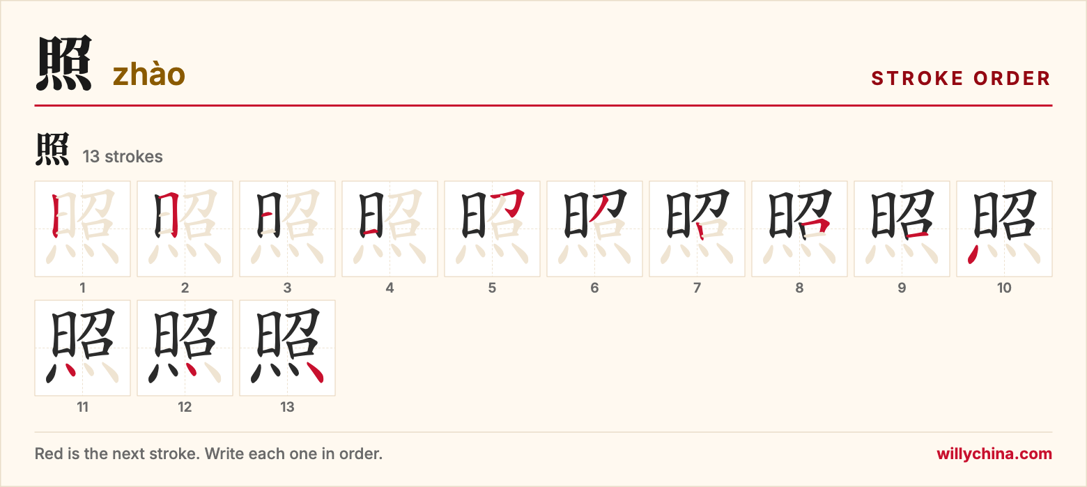 照 (zhào) stroke order chart: each stroke of the character in the order you write it